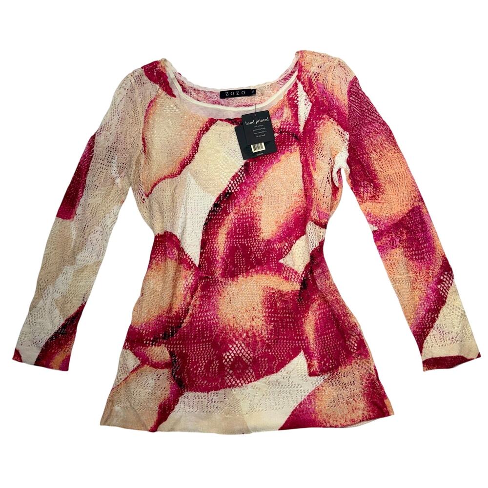 ZOZO Women’s M Hand Printed Pink Cream Open Knit Sweater Tunic NWT $148